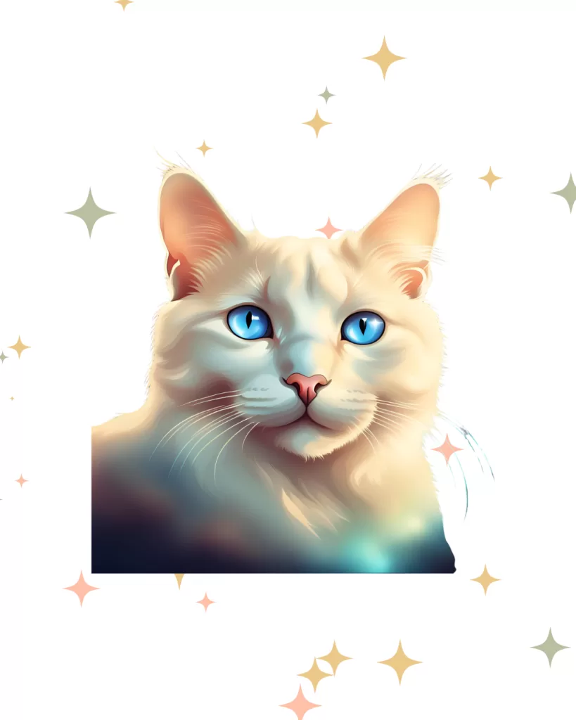 A portrait of Blanco, a white cat with blue eyes from Convincing Emily.