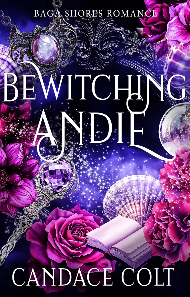 Jewel-toned violet background, pink and purple flowers, an open book, shells and an amethyst stone.