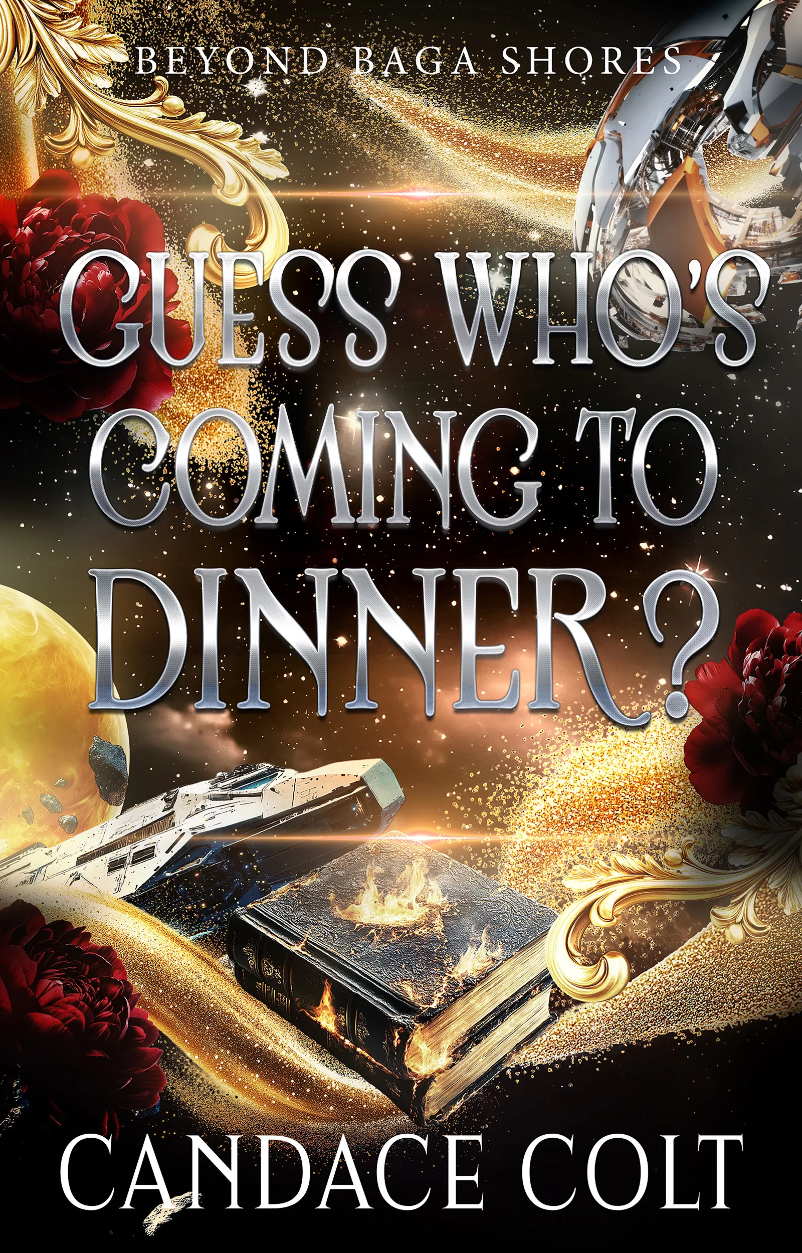 Book cover with golden coppery background. Planets, a spaceship and roses.