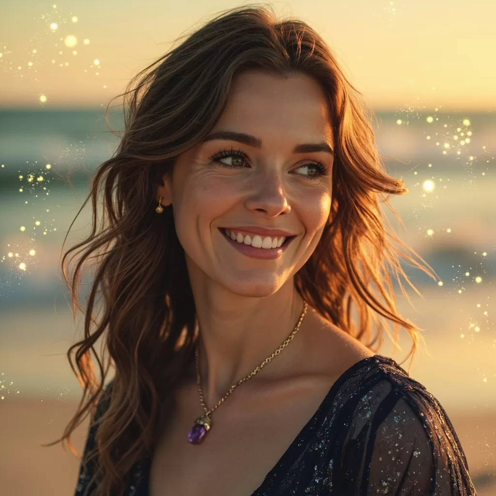 Stylized image of a brunette with brown eyes and a broad smile looking over her shoulder. Amethyst pendant around her neck and gulf water behind her.