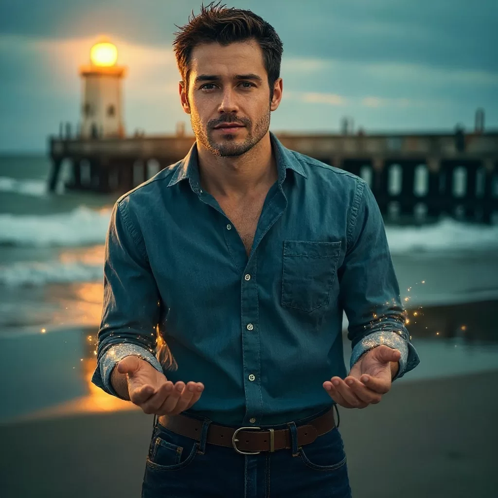 Stylized image of a handsome male dressed in a casual shirt and jeans. Serious expression. Hands open with sparkles coming from his palms. Behind him a pier and beach at sunset.