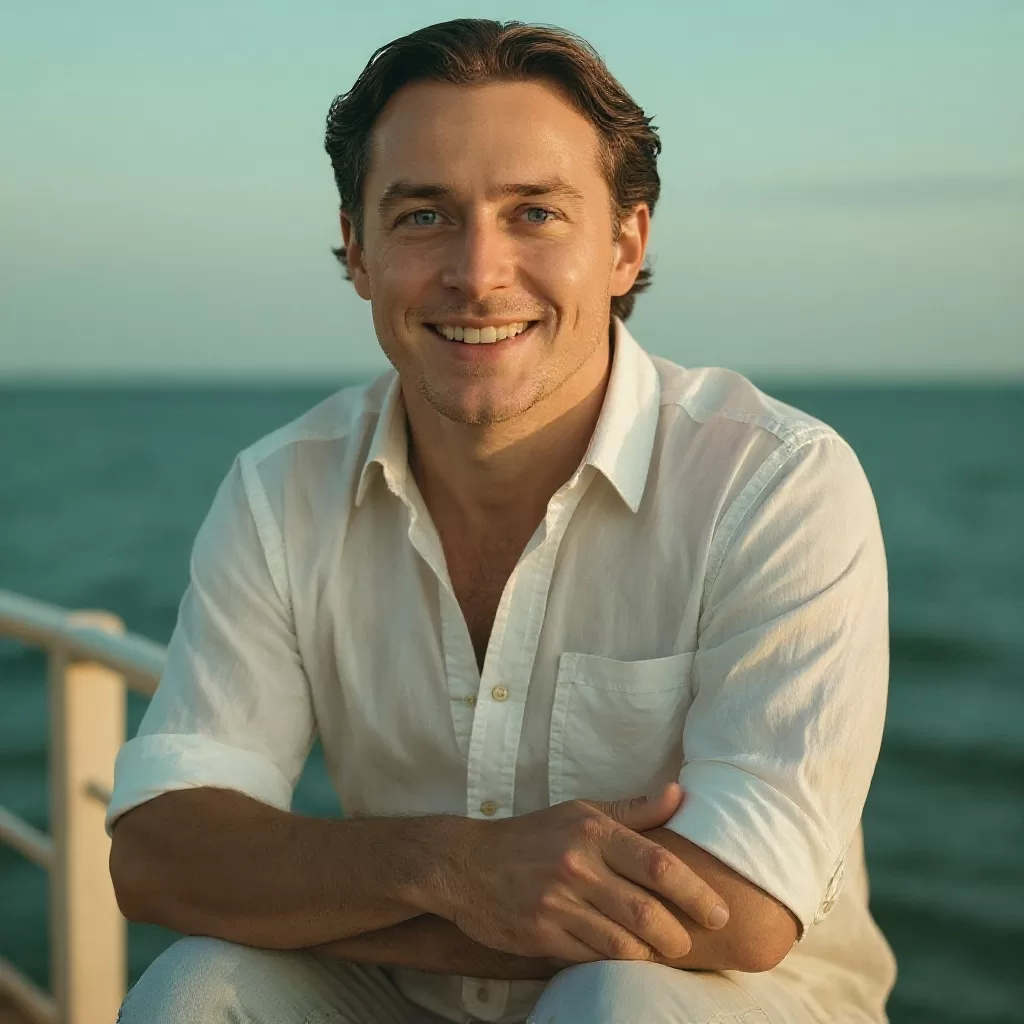 Image of a smiling man sitting on a dock with the calm water behind him.
