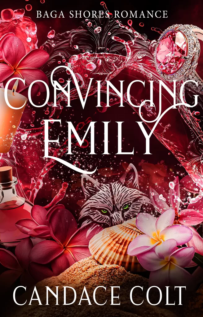 Jewel-tone book cover with pinks and deep rose colors. A coyote with green eyes peers at the viewer behind a seashell.