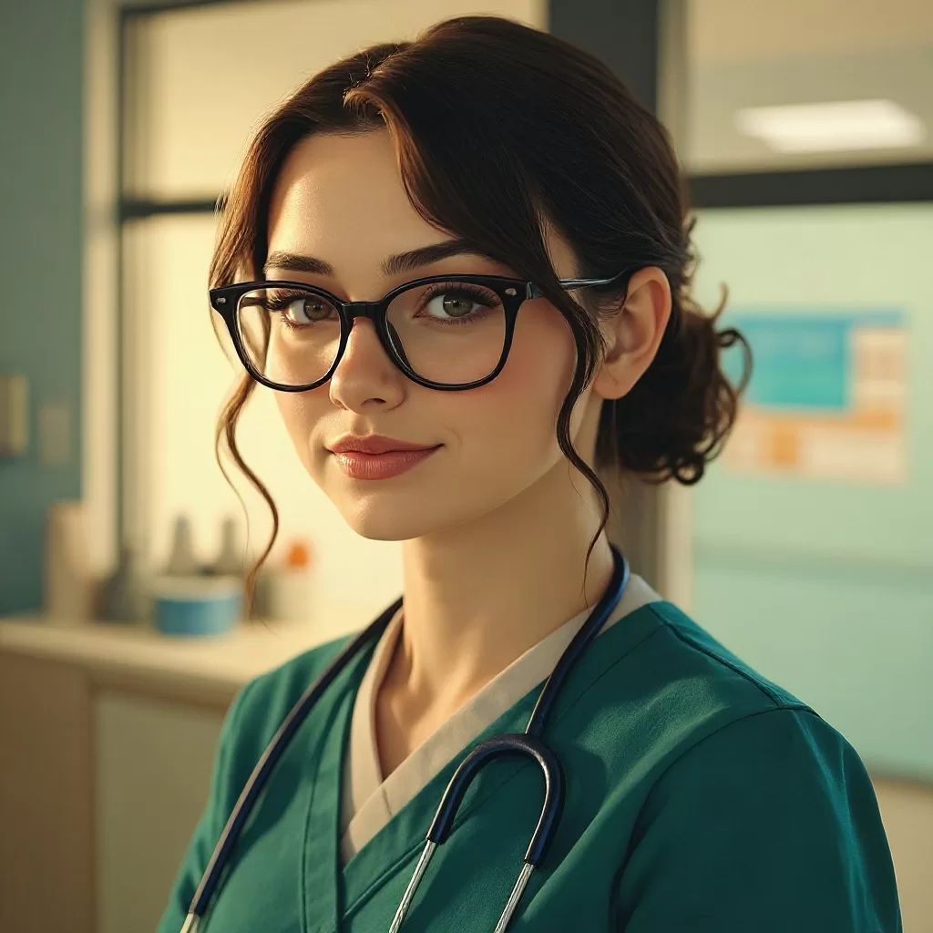 Female dressed in green scrubs with dark hair and eyes. Large glasses. Pleasant face. A veterinary clinic in the background,
