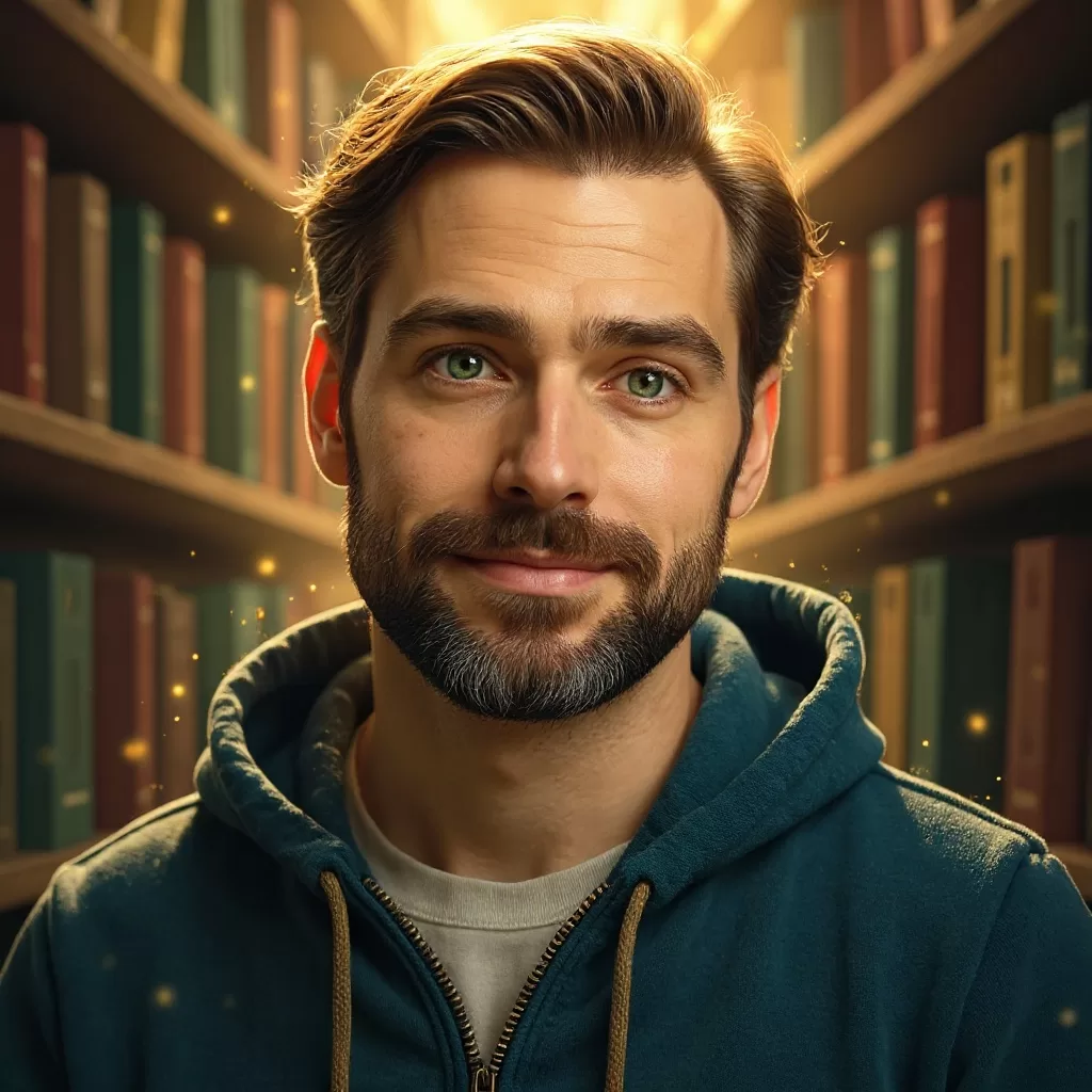 A male with reddish-brown-gray short hair and neatly trimmed beard. Emerald green eyes. Hooded sweatshirt. Background is bookshelves.