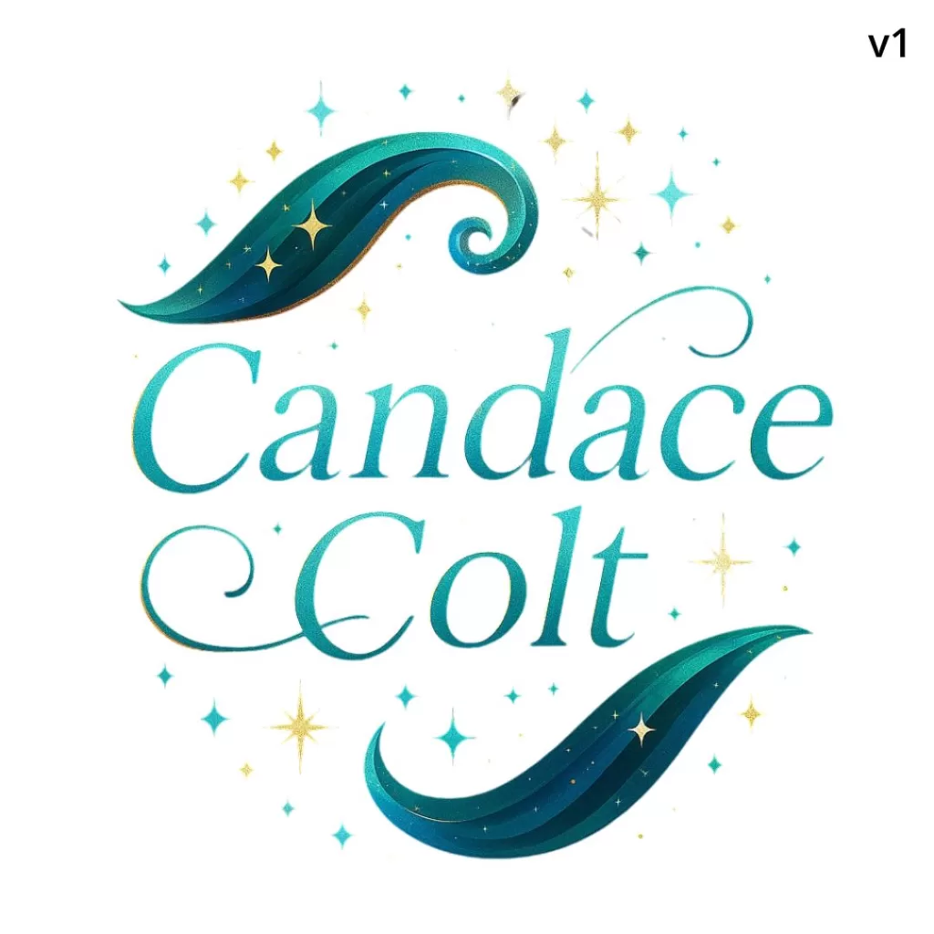 White background with teal blue letters, sparkles, and swirls