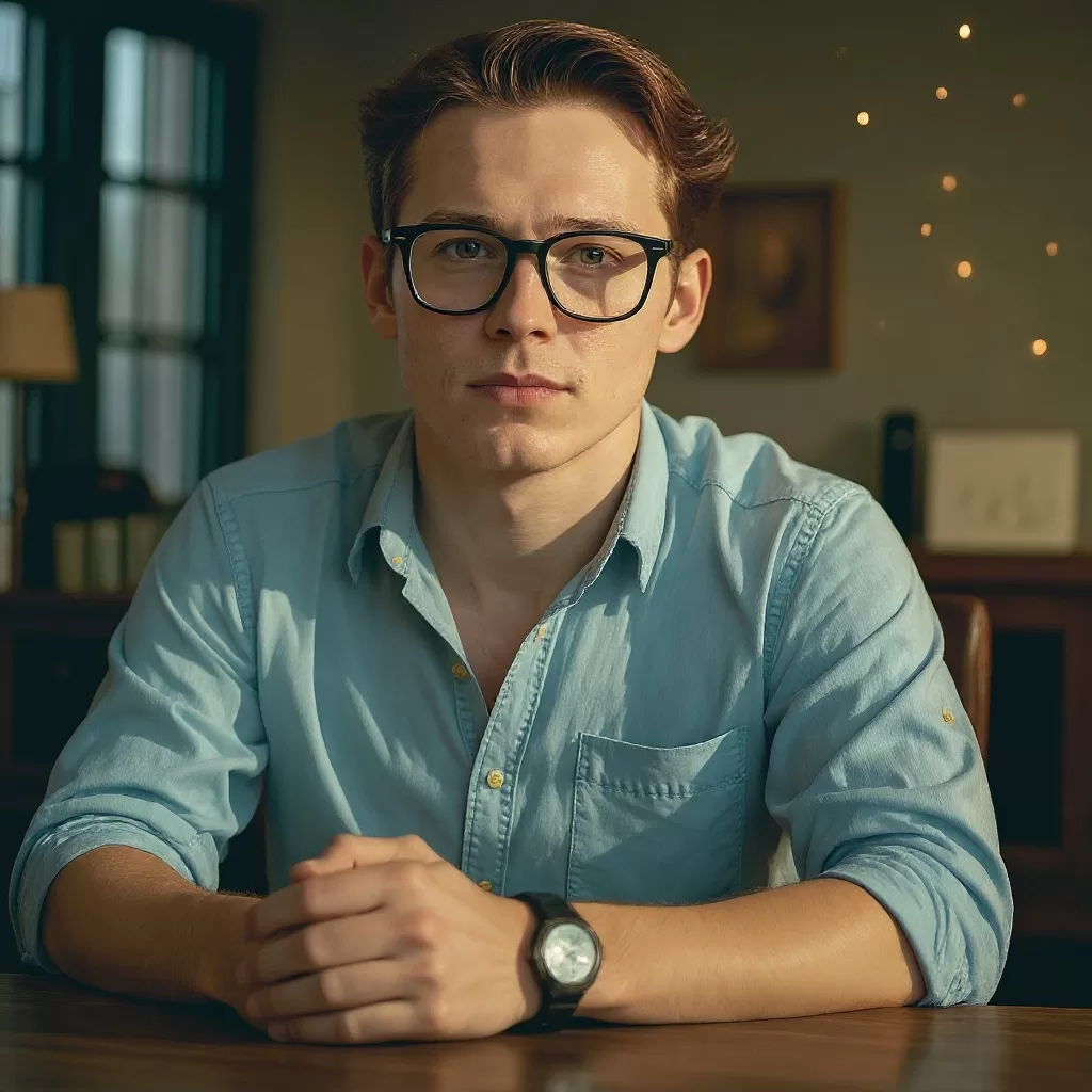 Portrait of a red haired 30 year old male sitting at a desk with a serious look on his face. Handsome with glasses.