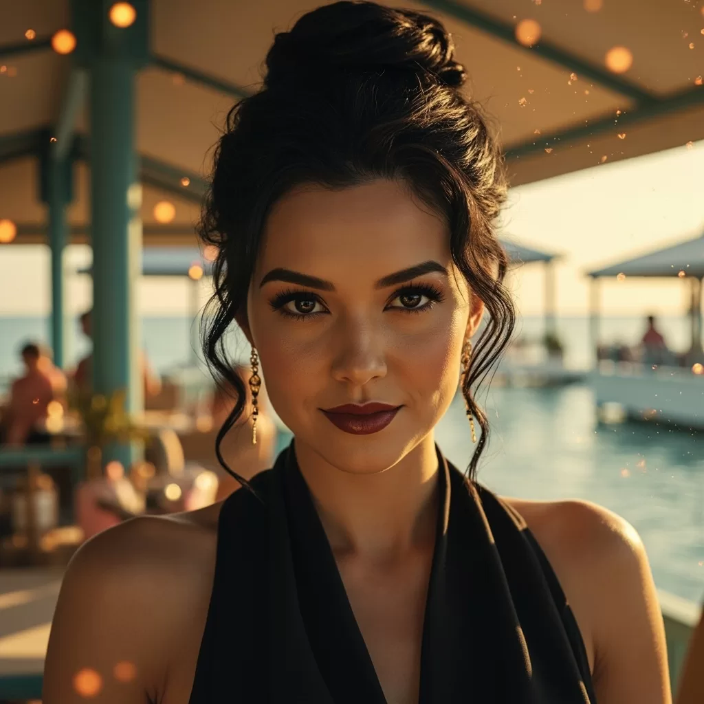 Image of a coy woman with dark hair and eyes wearing a black halter top standing in a restaurant with water and dining customers behind her.