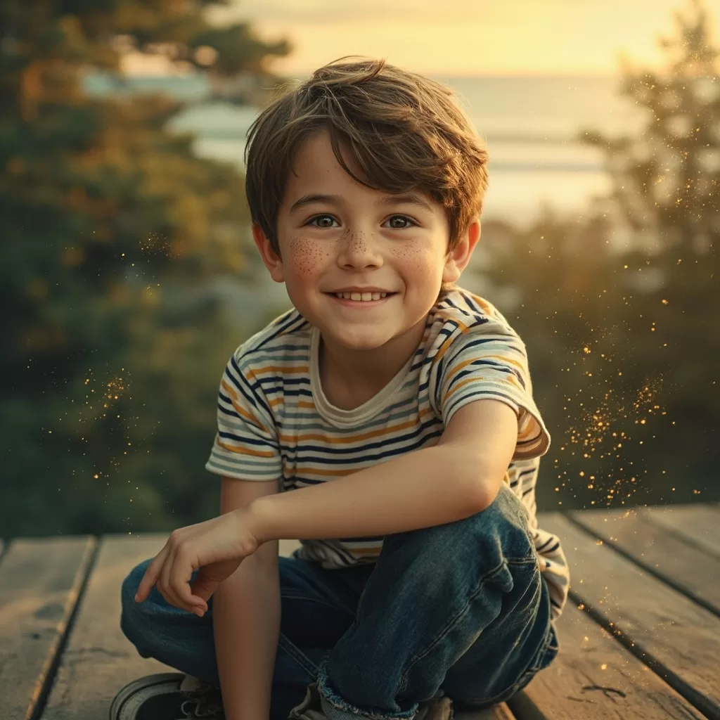 Stylized image of a young boy with scruffy brown hair and an impish grin sitting on a deck with the gulf in the background.