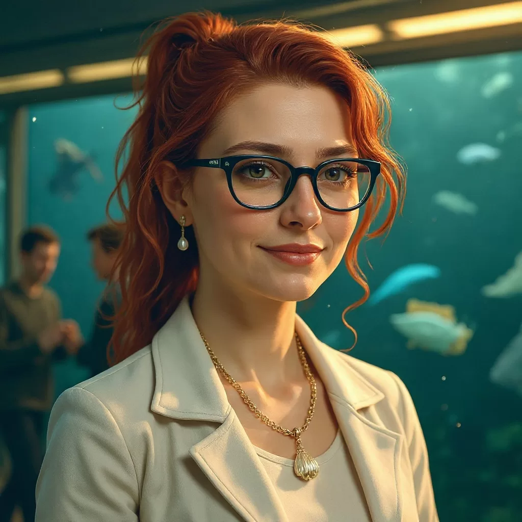 Portrait of a red-haired post-graduate student standing in an aquarium. Colors are teal blue background and she's in a suit jacket with a pearl necklace.