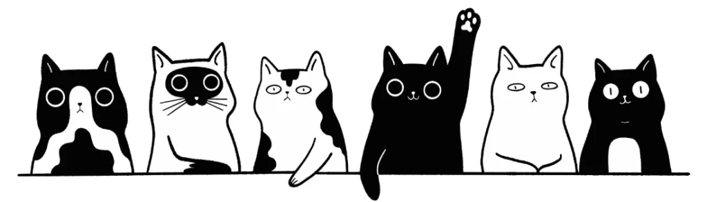 Image of a row of black and white cartoon cats.